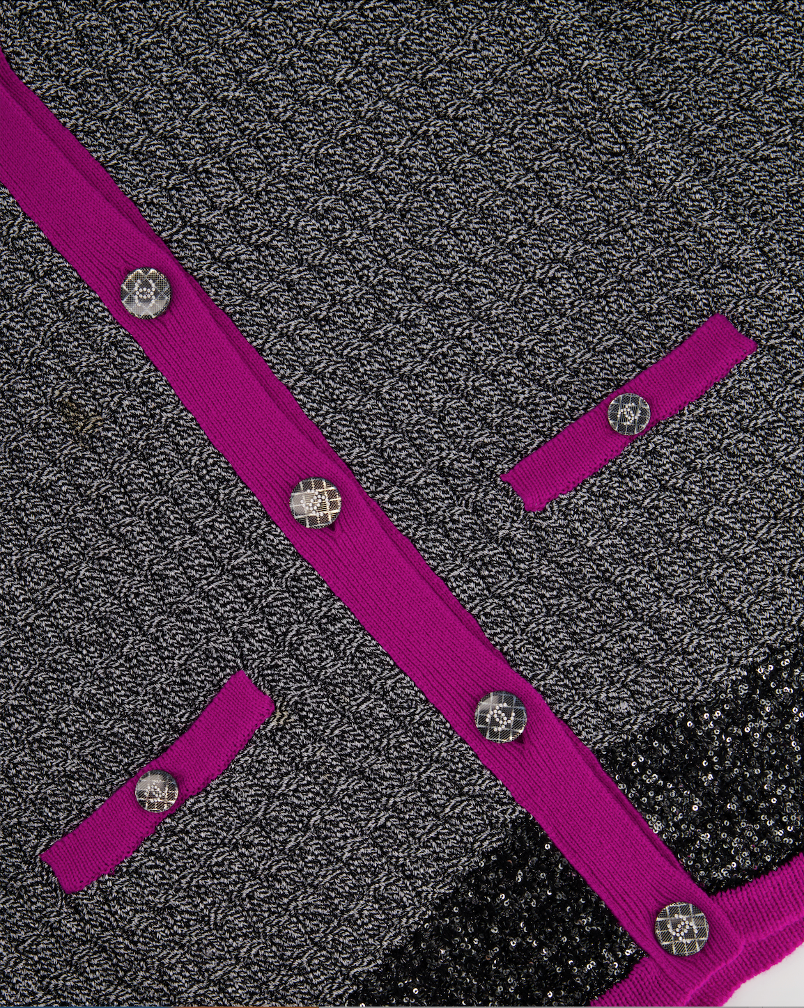 Chanel Metallic Thread Black, White Tweed igan with Purple Trim, Sequin Embellished and Crystal Button Detail Size FR 34 (UK 6)