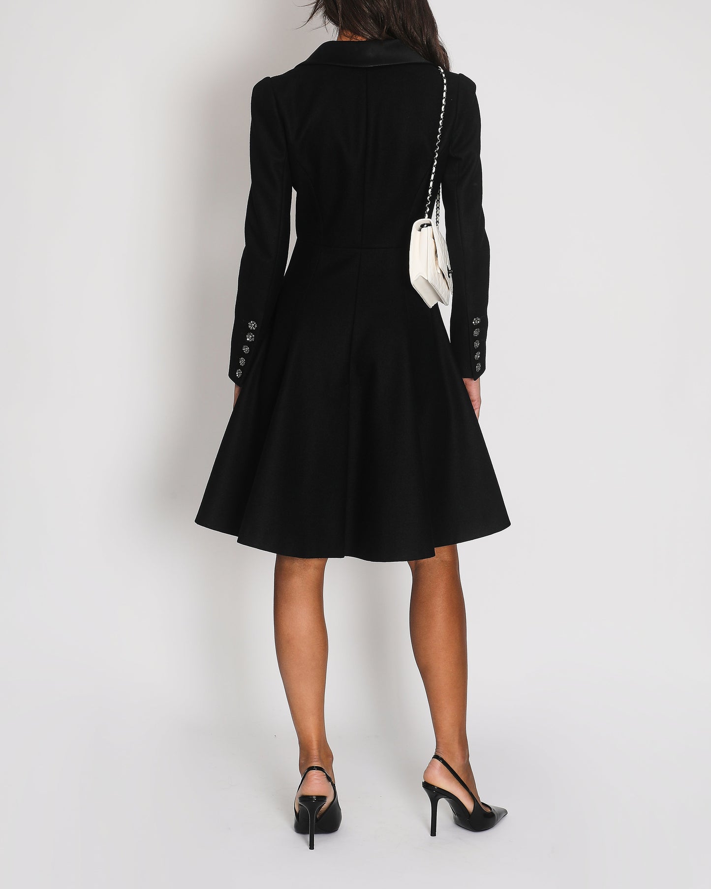 Chanel Autumn 2008 Black Wool A-Line Dress Coat with Crystal Flower Buttons FR 34 (UK 6)
