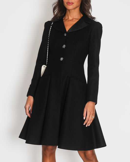 Chanel Autumn 2008 Black Wool A-Line Dress Coat with Crystal Flower Buttons FR 34 (UK 6)