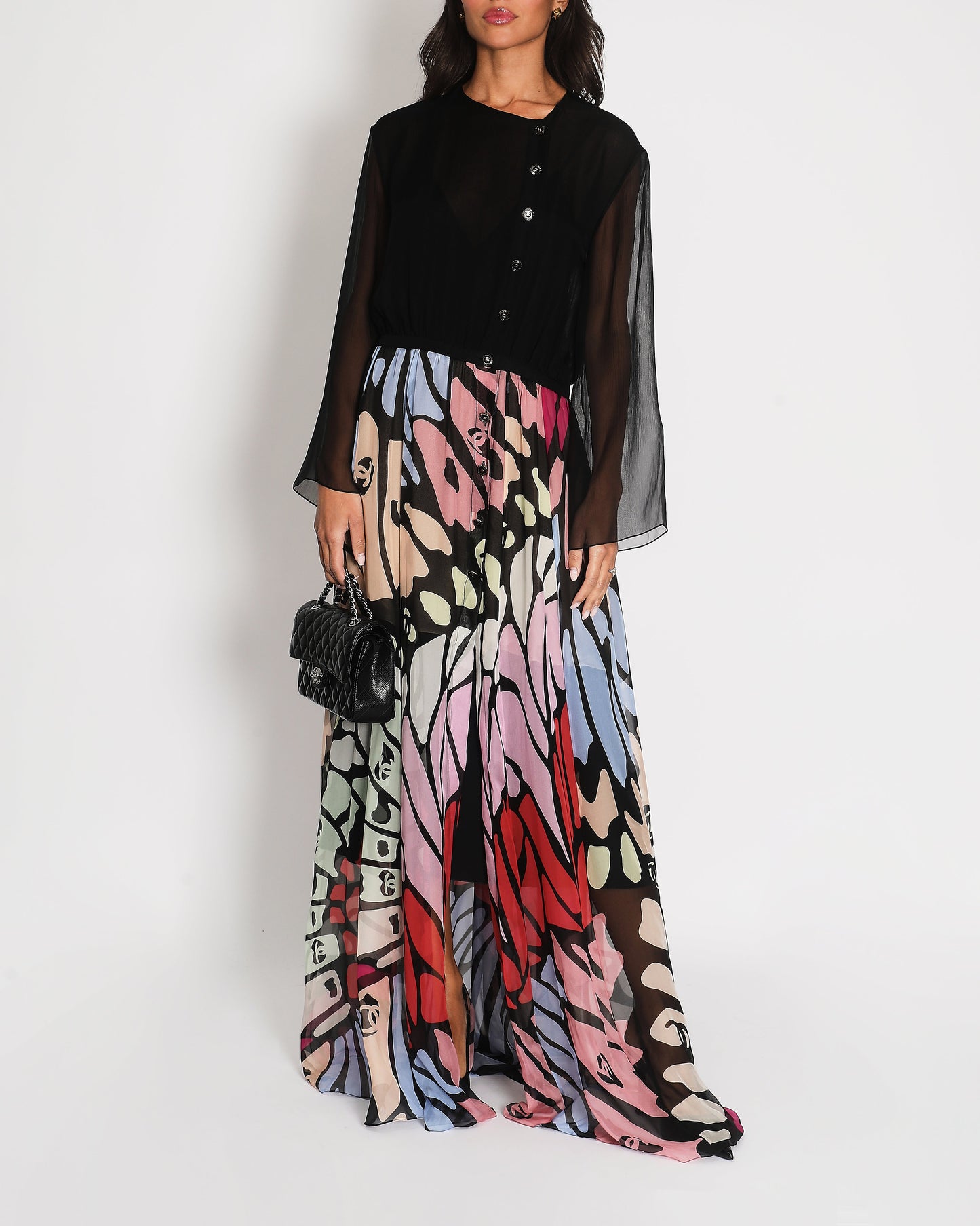 *RUNWAY* Chanel Black & Multi-Coloured Silk Sheer Butterfly Maxi Dress with CC Button Detail FR 42 (UK 14)