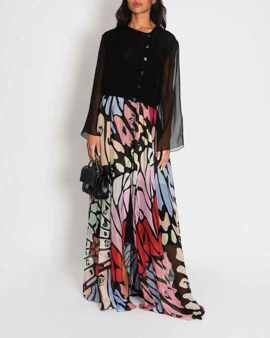 *RUNWAY* Chanel Black & Multi-Coloured Silk Sheer Butterfly Maxi Dress with CC Button Detail FR 42 (UK 14)