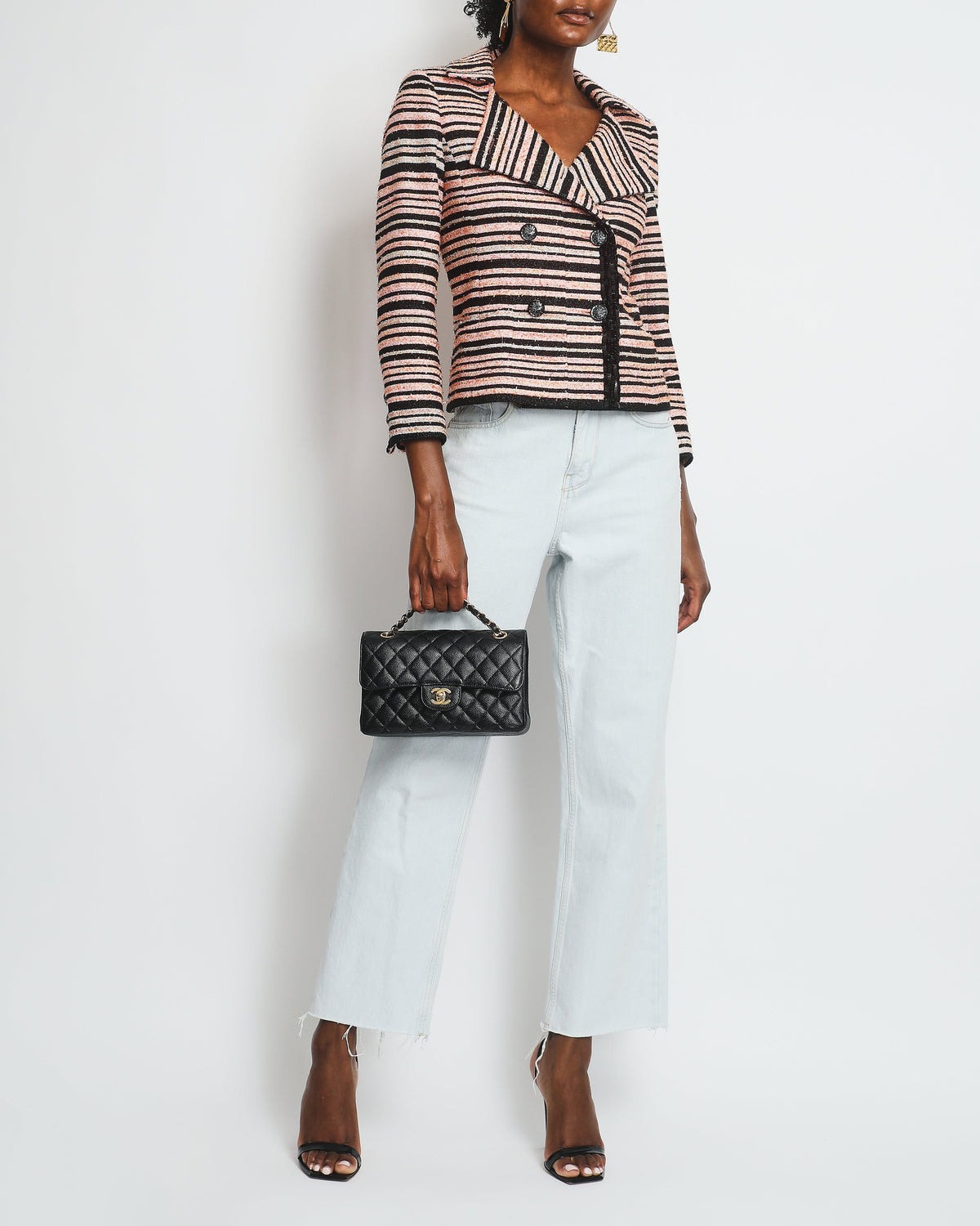 Chanel Peach Black Stripe Tweed with Sequin Details SS 2020 Collection Jacket Size 36 (UK 8) - RRP ¬£8,000