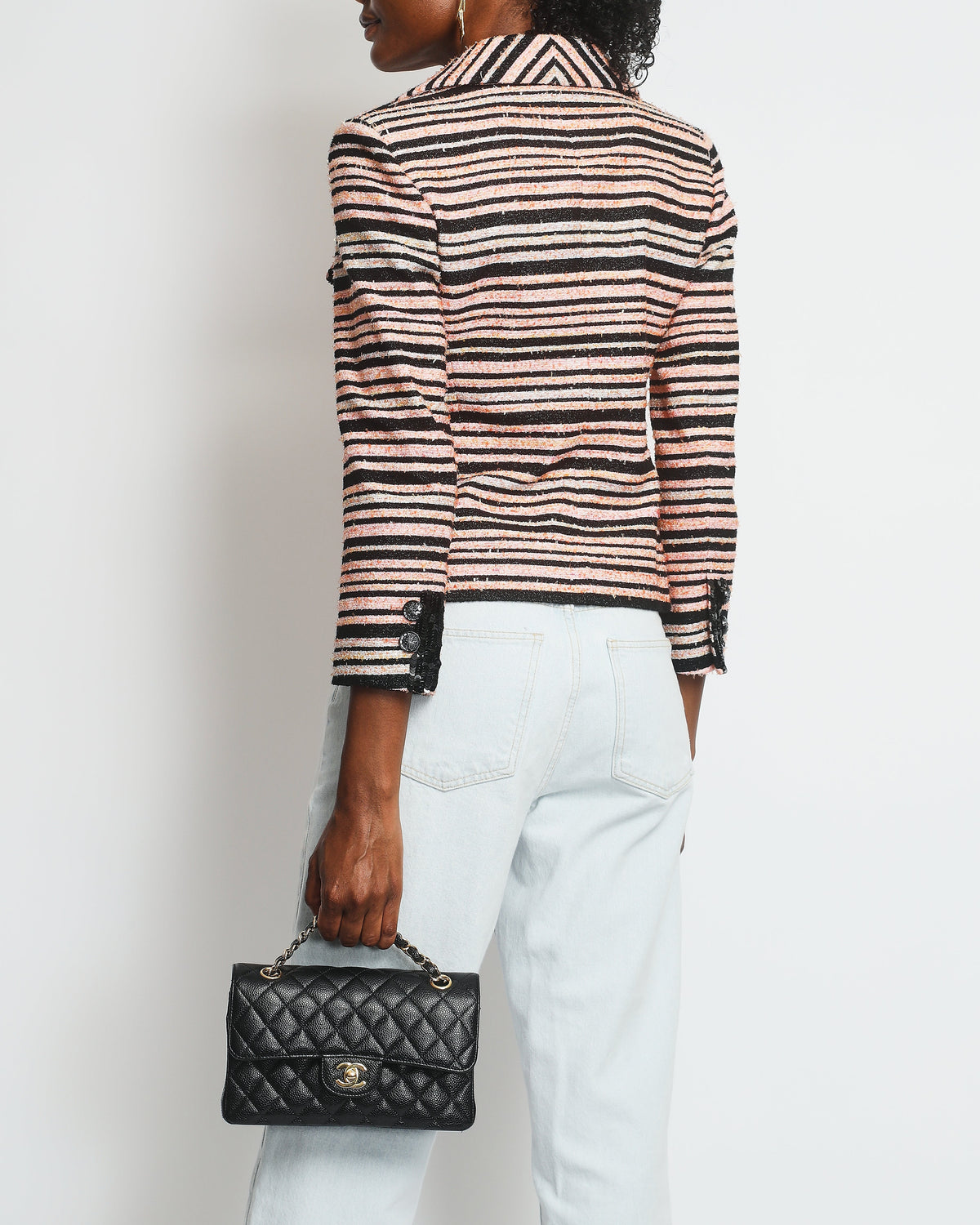 Chanel Peach Black Stripe Tweed with Sequin Details SS 2020 Collection Jacket Size 36 (UK 8) - RRP ¬£8,000