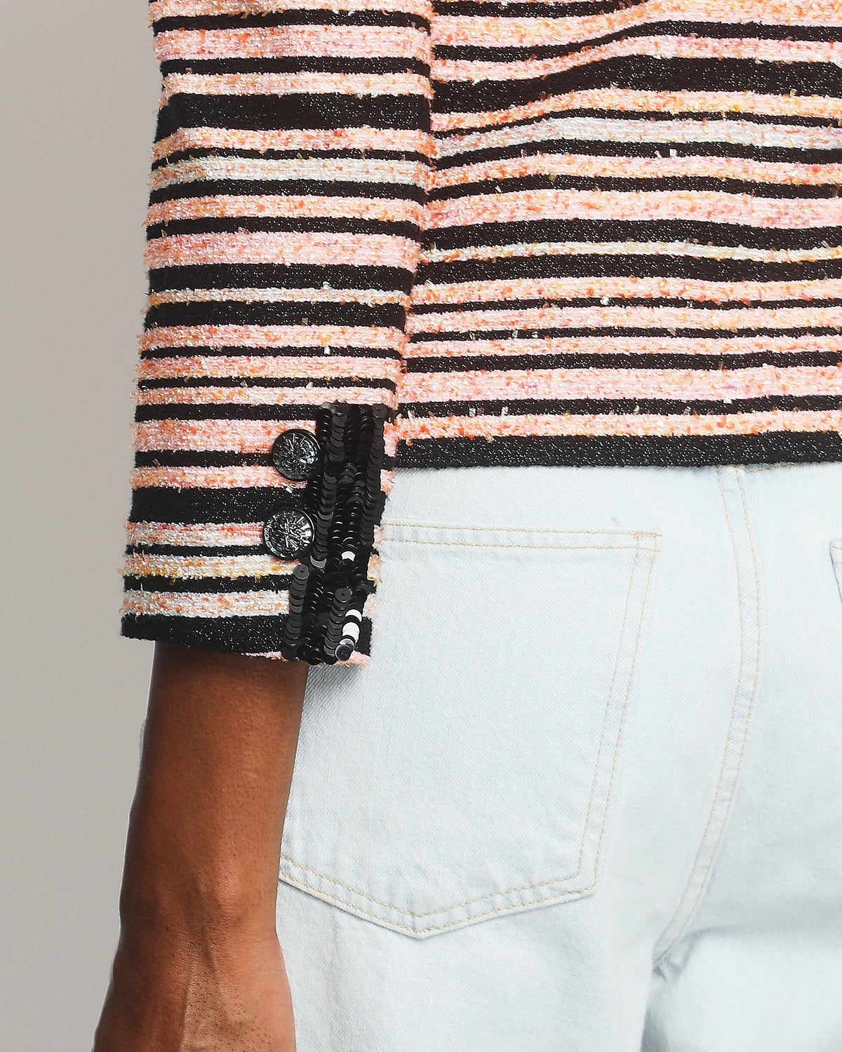 Chanel Peach Black Stripe Tweed with Sequin Details SS 2020 Collection Jacket Size 36 (UK 8) - RRP ¬£8,000