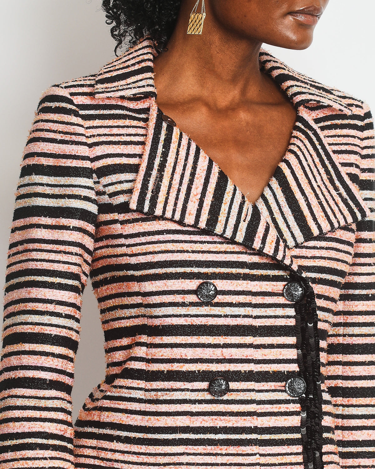 Chanel Peach Black Stripe Tweed with Sequin Details SS 2020 Collection Jacket Size 36 (UK 8) - RRP ¬£8,000