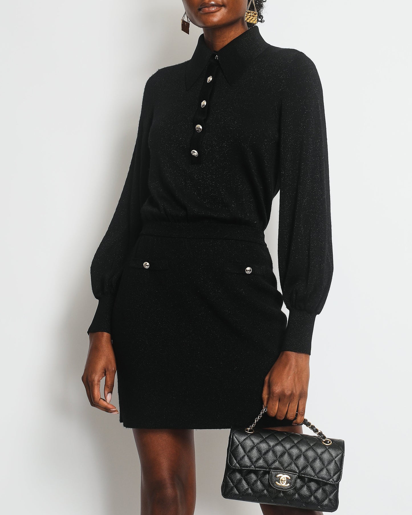 Chanel 20K Black Long Sleeve Metallic Dress with Gold Buttons RRP ¬£3,000 SIZE 34 (UK 6)