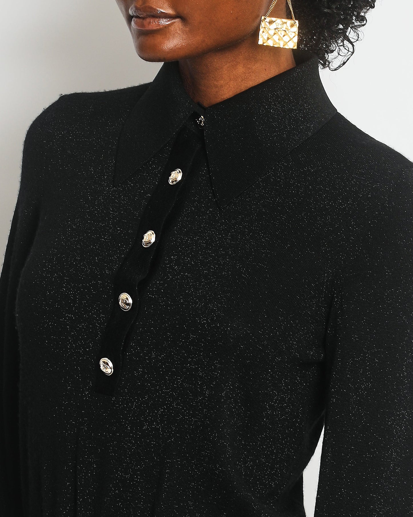 Chanel 20K Black Long Sleeve Metallic Dress with Gold Buttons RRP ¬£3,000 SIZE 34 (UK 6)