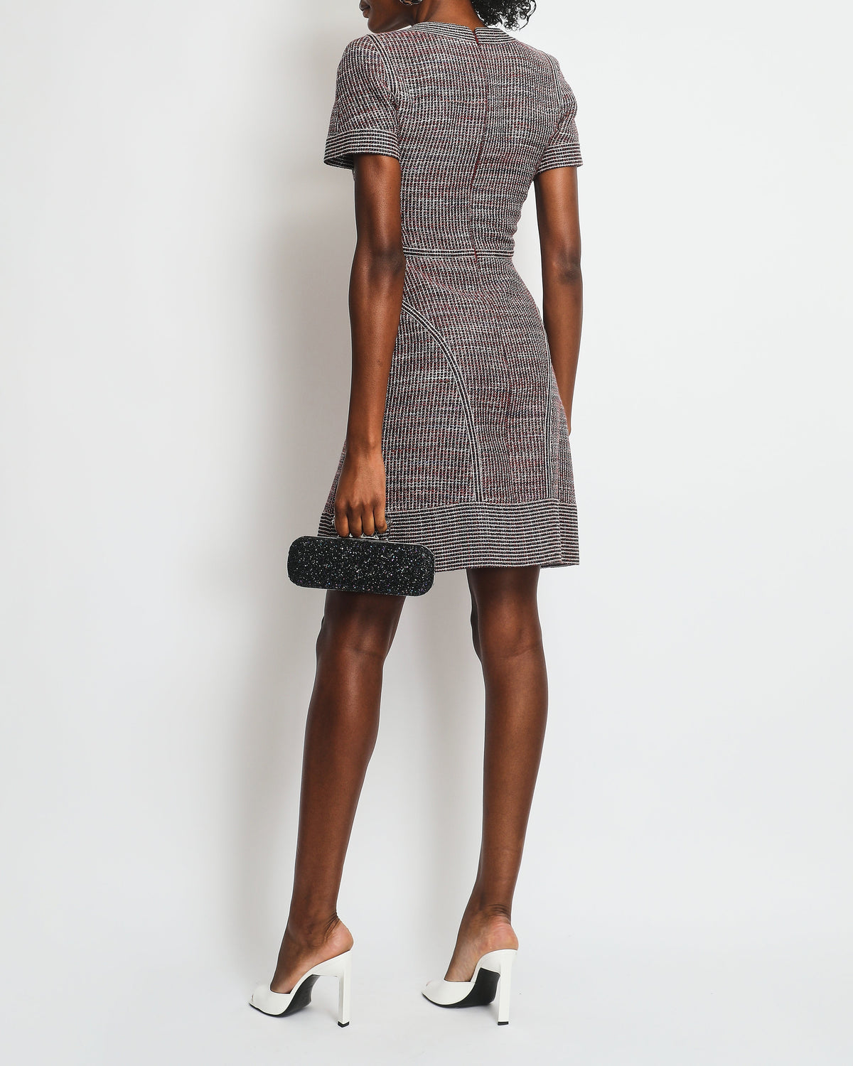 Chanel Red, Navy Metallic Short Sleeve Tweed A-Line A/W 2014 Dress Size FR 34 (UK 6)