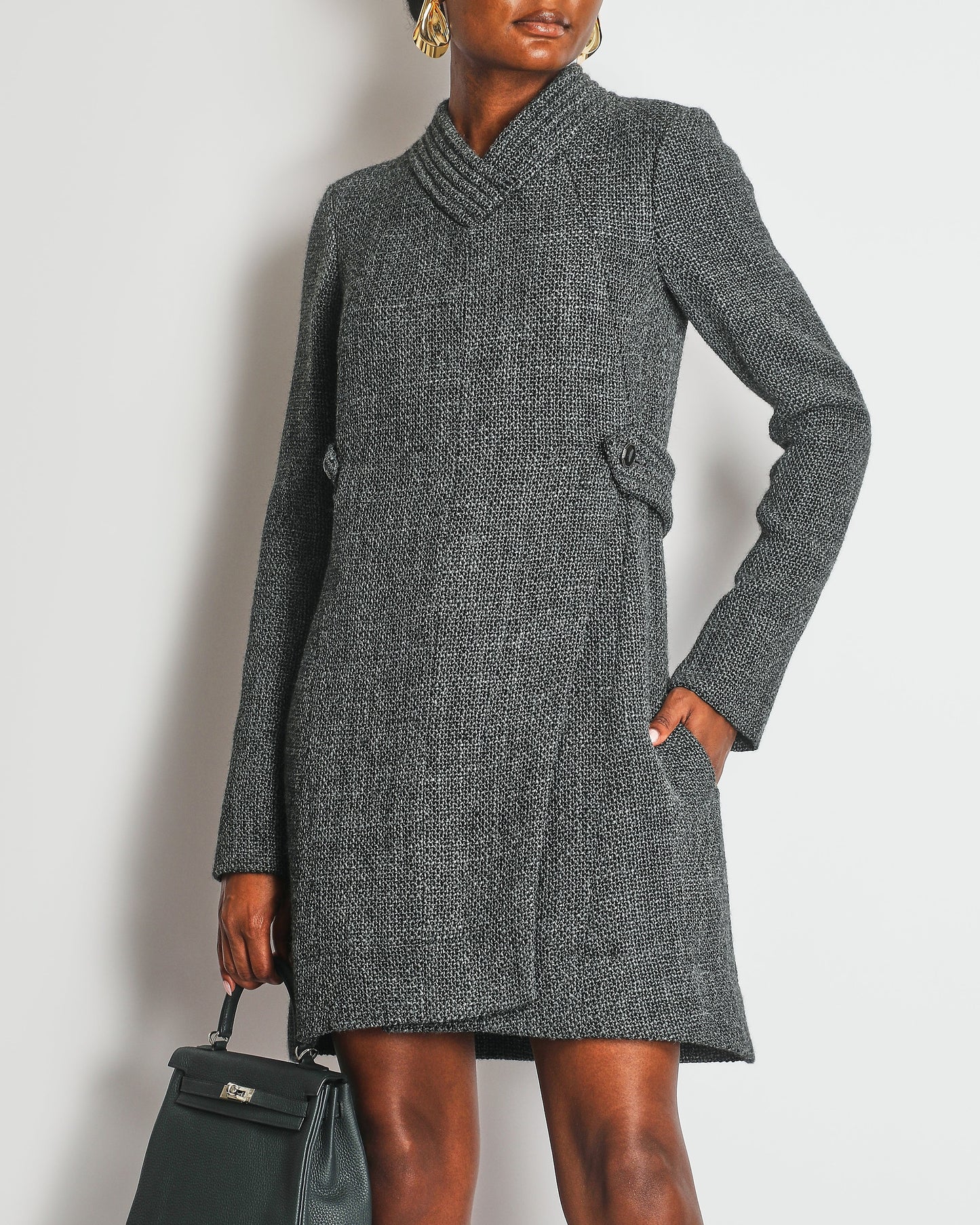 Chanel 12A Grey Tweed Long-Sleeve Mini Dress with Belt Detail Size FR 38 (UK 10) RRP ¬£3,050