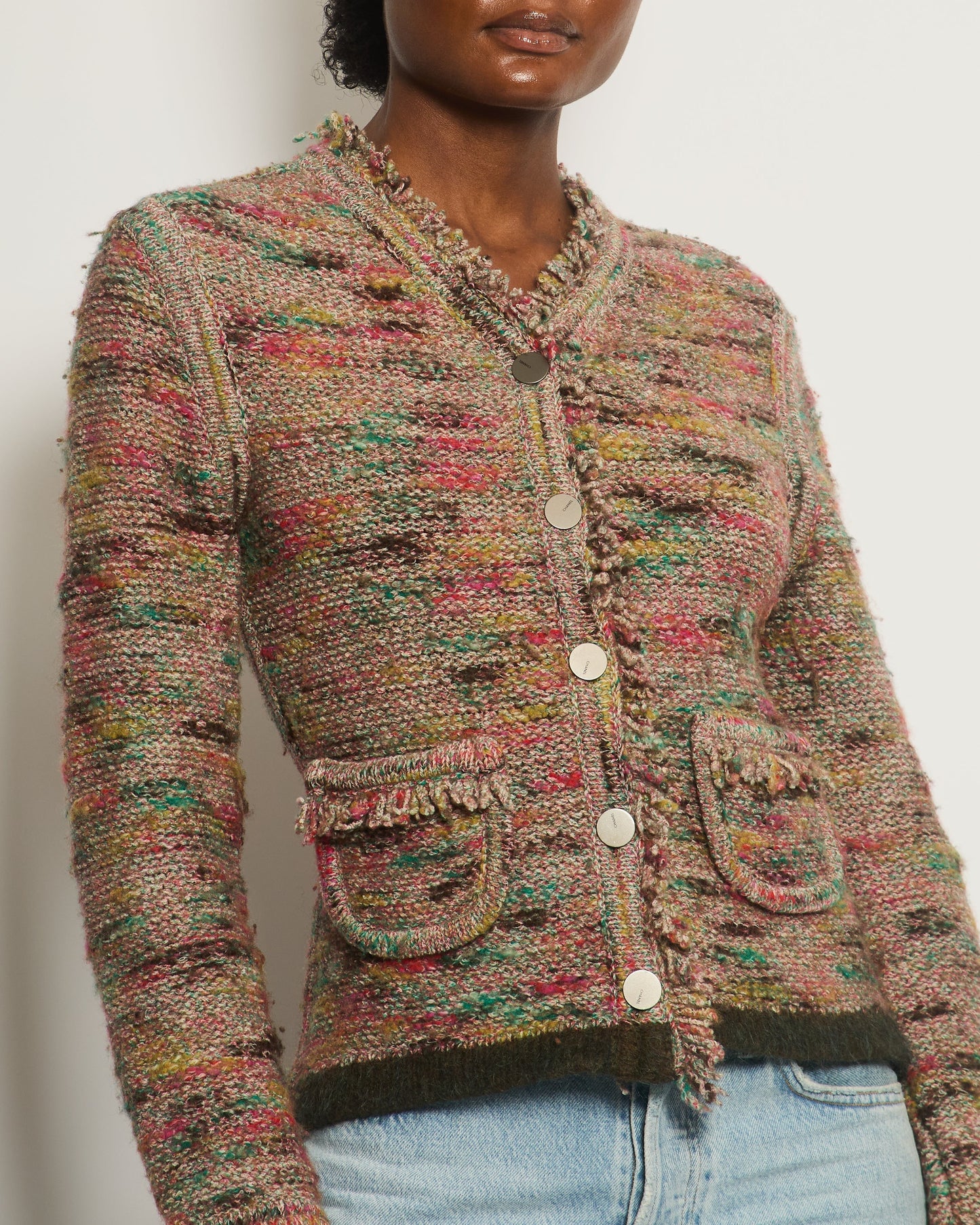 Chanel 99A Pink Multi-Colour igan with Fringed Edge and Pocket Detail Size FR 40 (UK 12)