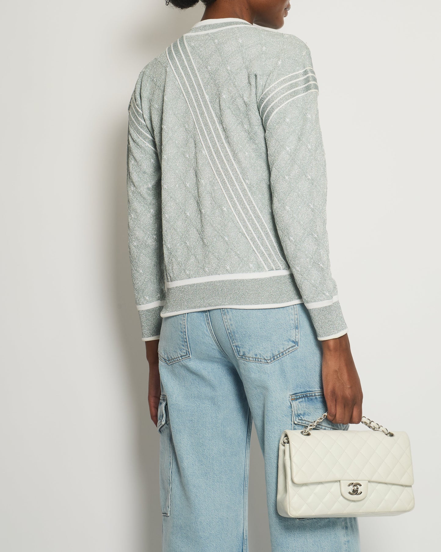 *HOT COLLECTION* Chanel Spring / Summer 2016 Grey Metallic Airline Collection Jumper with Zip and Plane Details Size FR 36 (UK 8) RRP £2,400