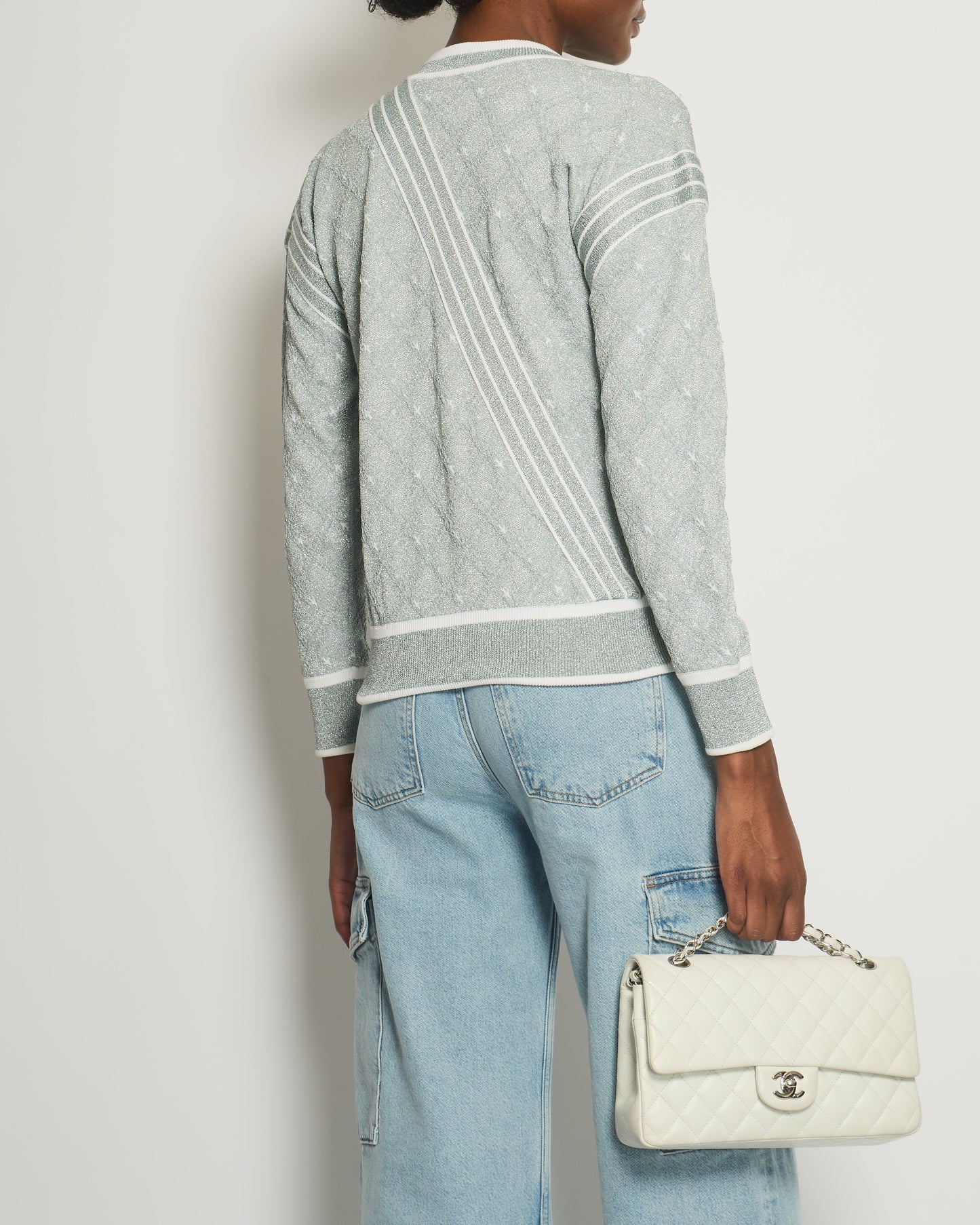 *HOT COLLECTION* Chanel Spring / Summer 2016 Grey Metallic Airline Collection Jumper with Zip and Plane Details Size FR 36 (UK 8) RRP ¬£2,400