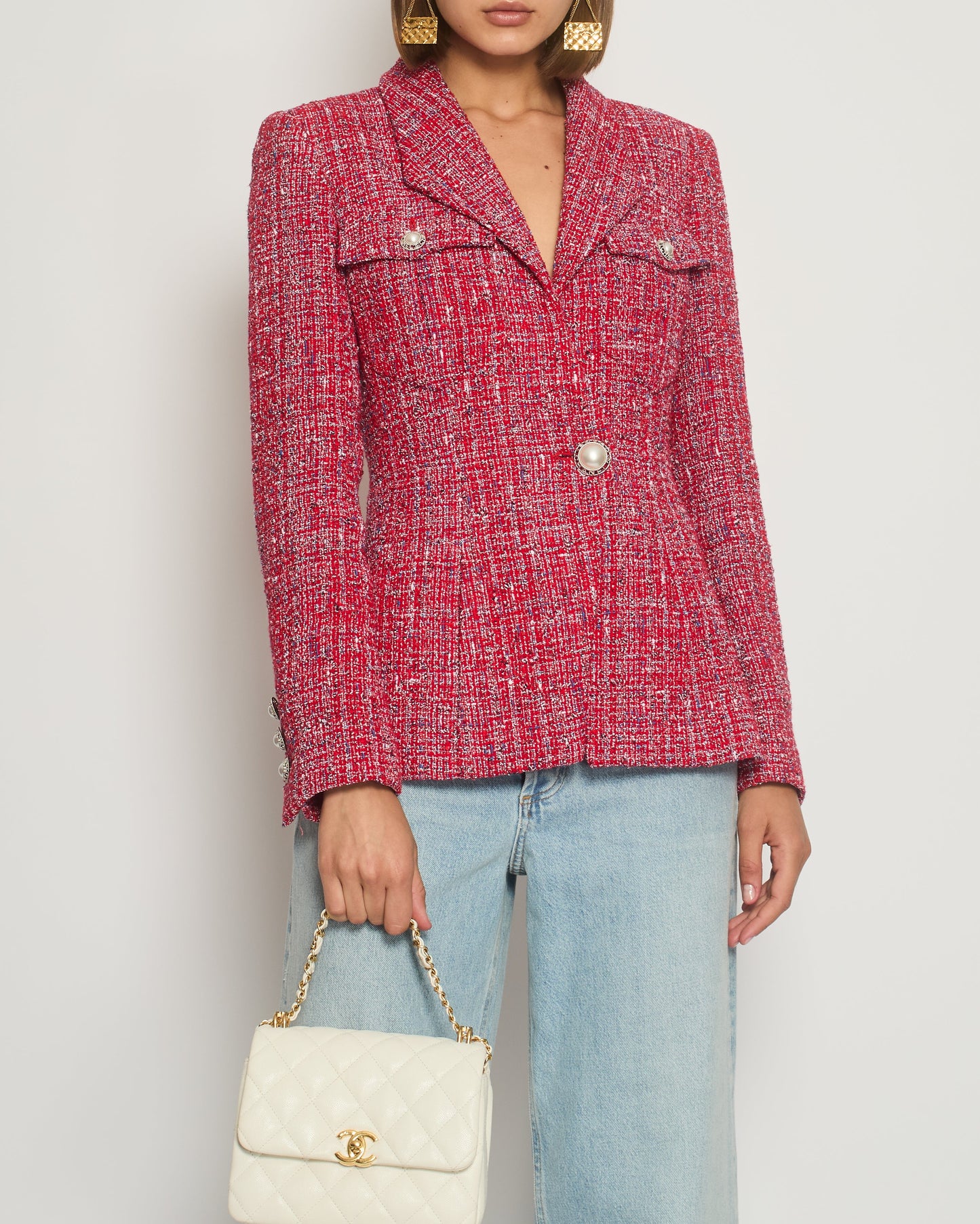 Chanel 19P Red Tweed Double-Breasted Jacket with Pearl Button Detail FR 38 (UK 10) RRP £5,550