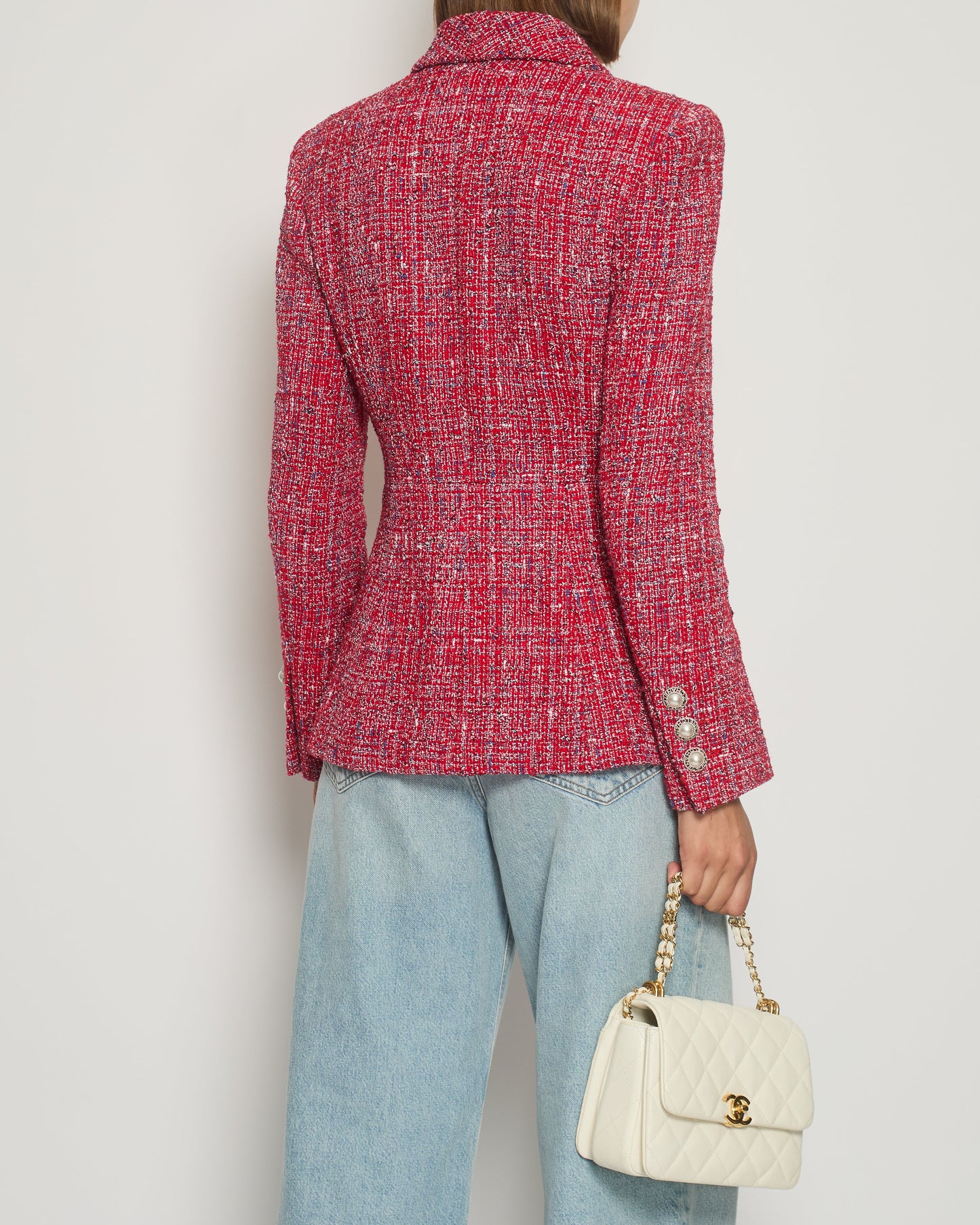 Chanel 19P Red Tweed Double-Breasted Jacket with Pearl Button Detail FR 38 (UK 10) RRP £5,550