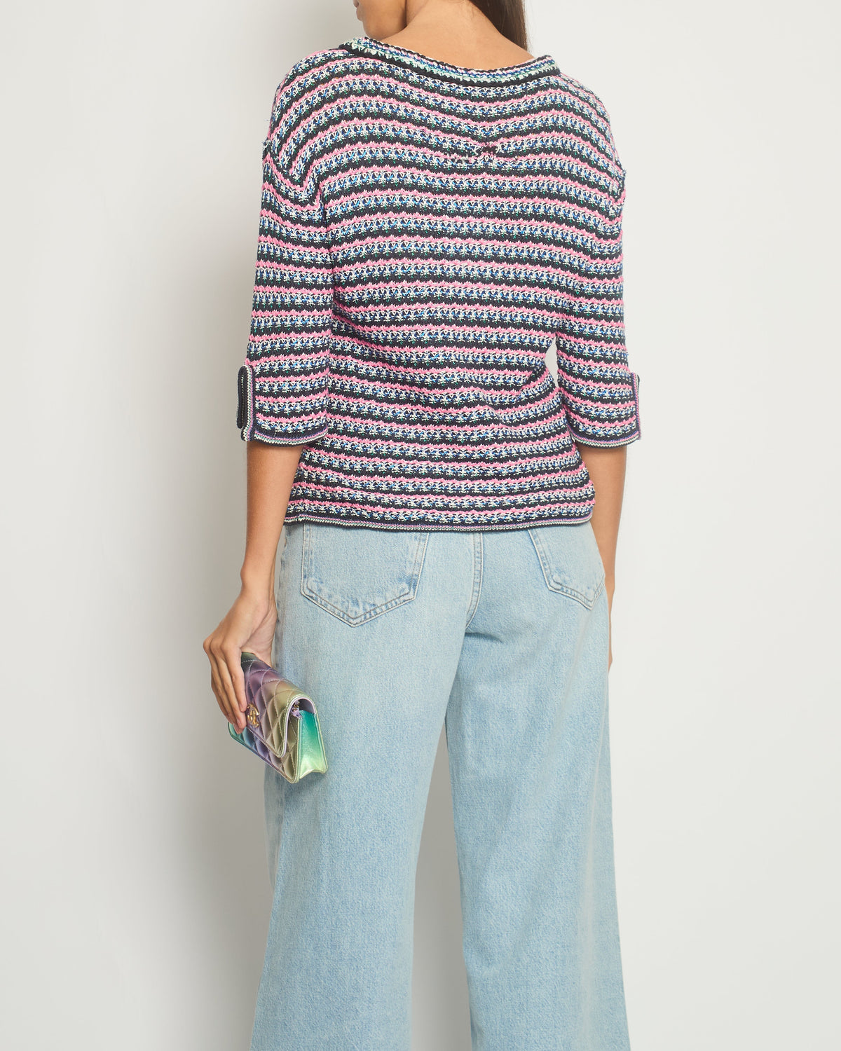 Chanel Pink, Black Metallic Green Mid-Sleeve Top FR 38 (UK 10)