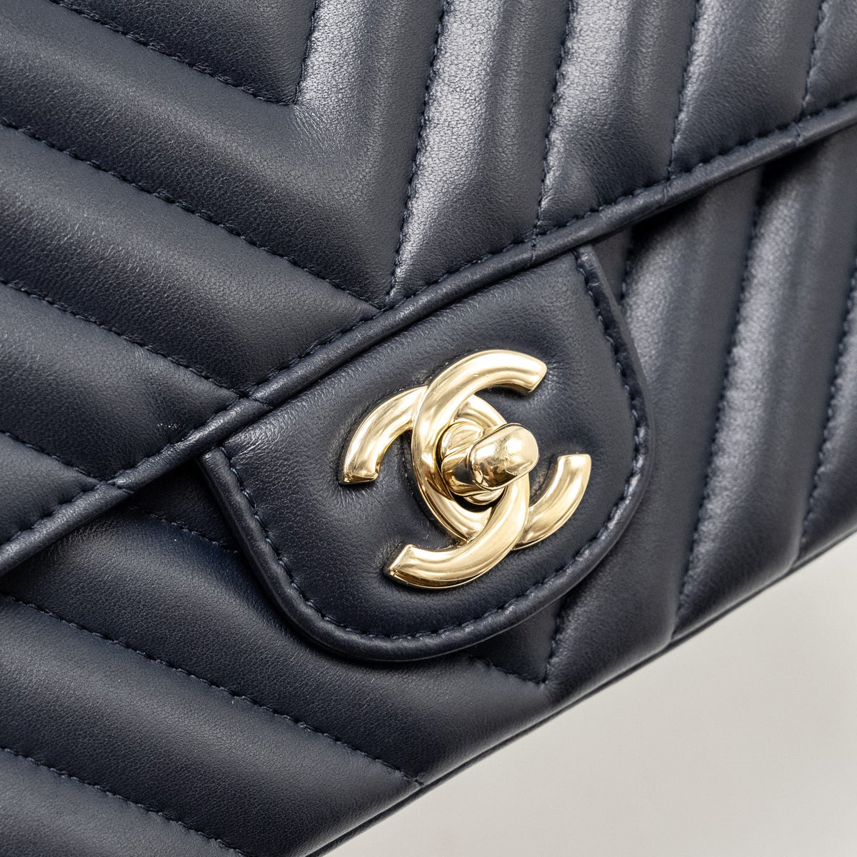 Chanel Mini Rectangular Flap Bag Chevron Lambskin Navy LGHW