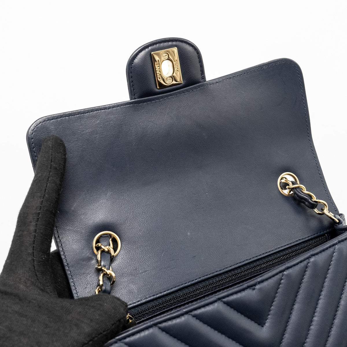 Chanel Mini Rectangular Flap Bag Chevron Lambskin Navy LGHW