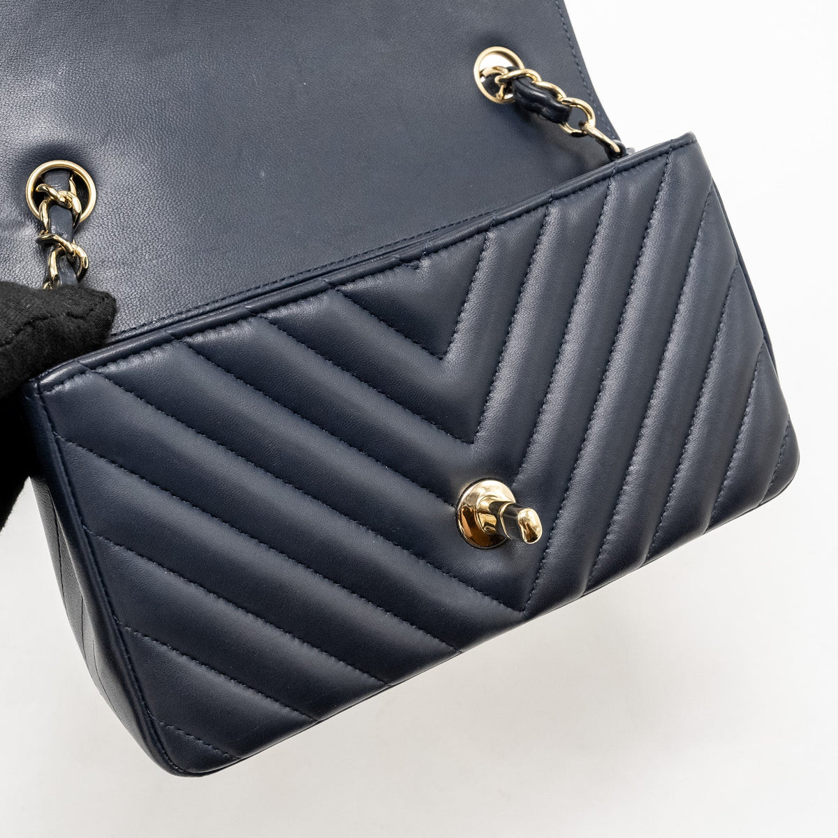 Chanel Mini Rectangular Flap Bag Chevron Lambskin Navy LGHW