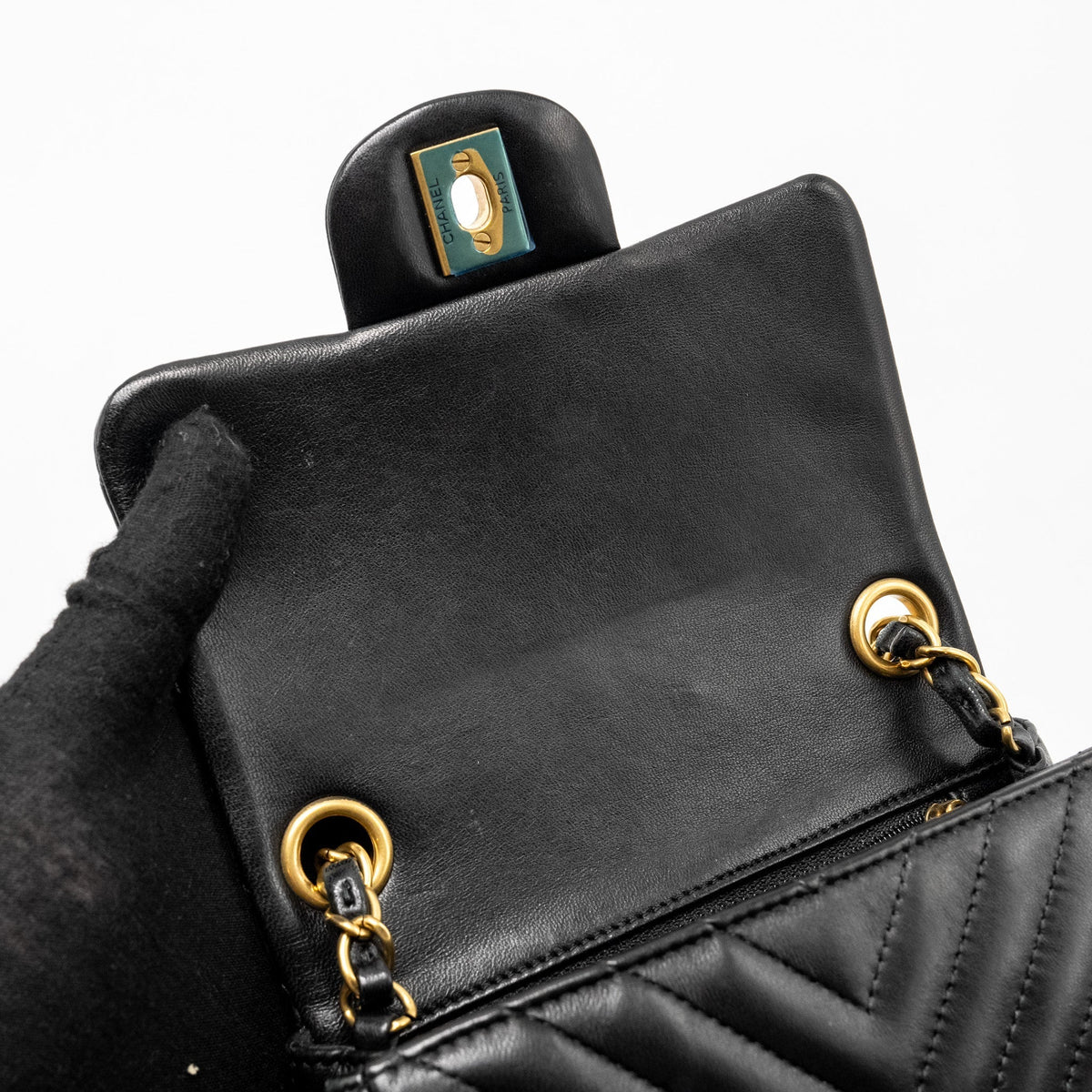 Chanel Mini Square Chevron Flap Bag Lambskin Black GHW