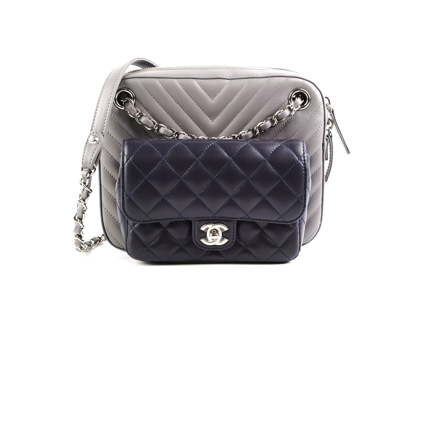 Chanel Quilted Navy Chevron Grey Lambskin Shoulder Bag