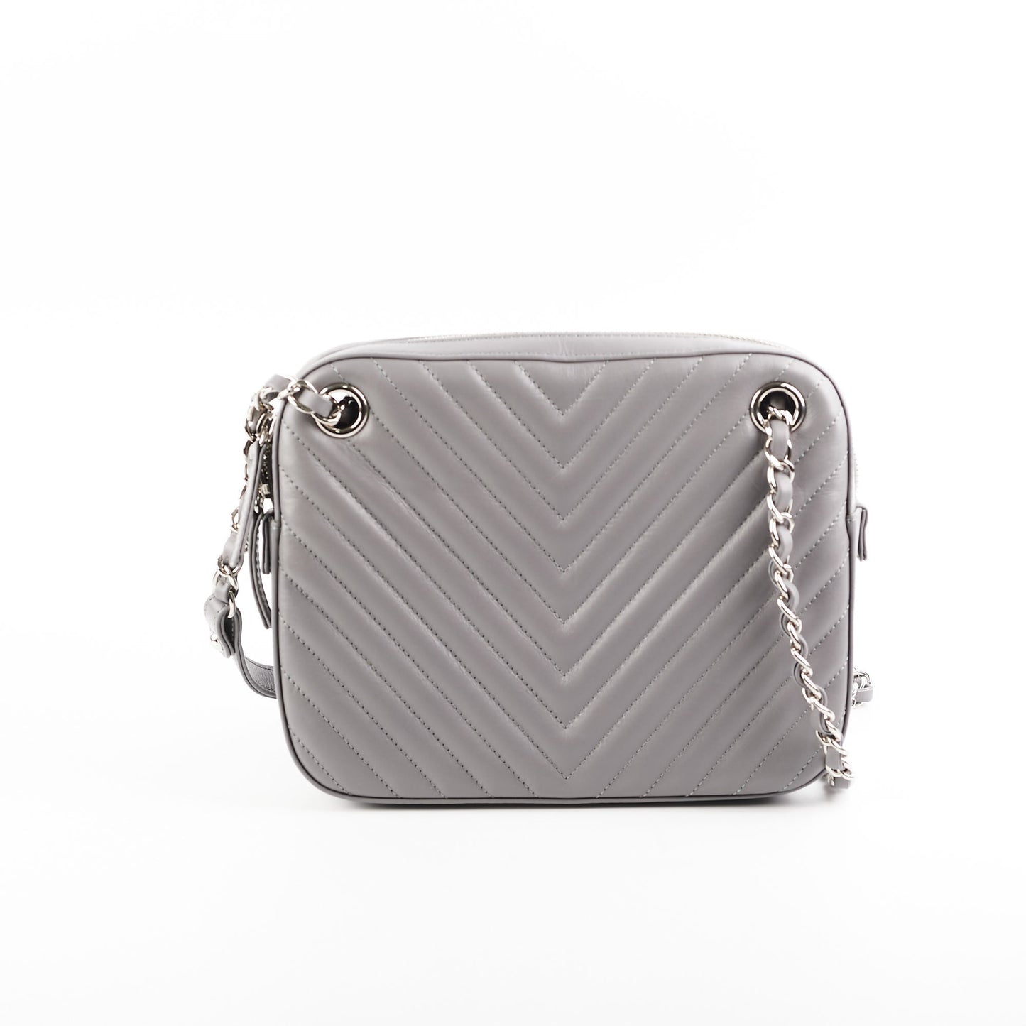 Chanel Quilted Navy Chevron Grey Lambskin Shoulder Bag