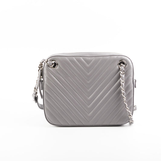 Chanel Quilted Navy Chevron Grey Lambskin Shoulder Bag
