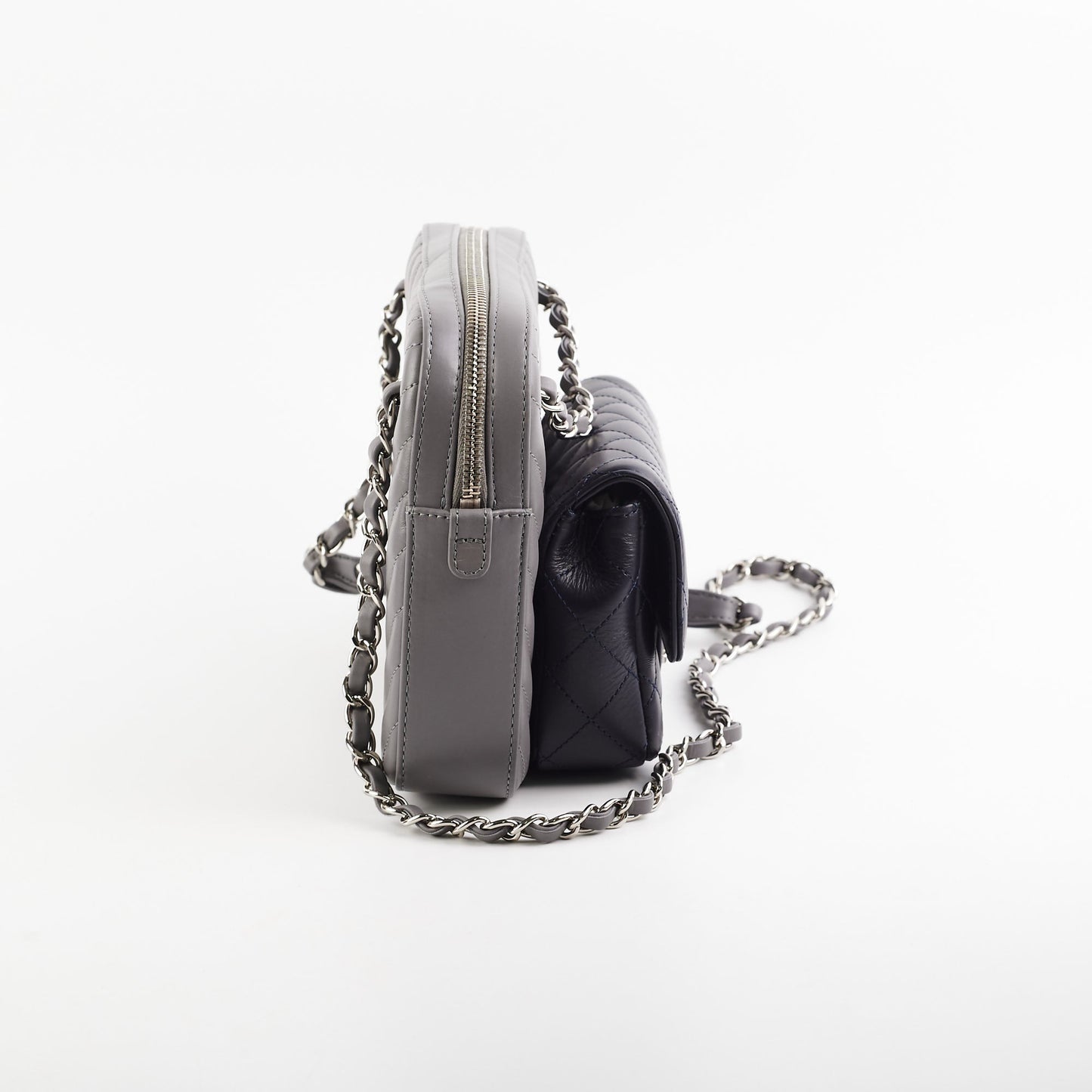Chanel Quilted Navy Chevron Grey Lambskin Shoulder Bag