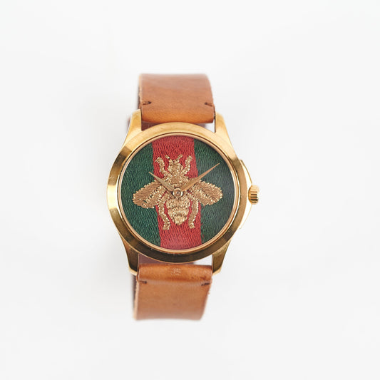 Gucci Timeless Bee Leather Strap Watch Brown