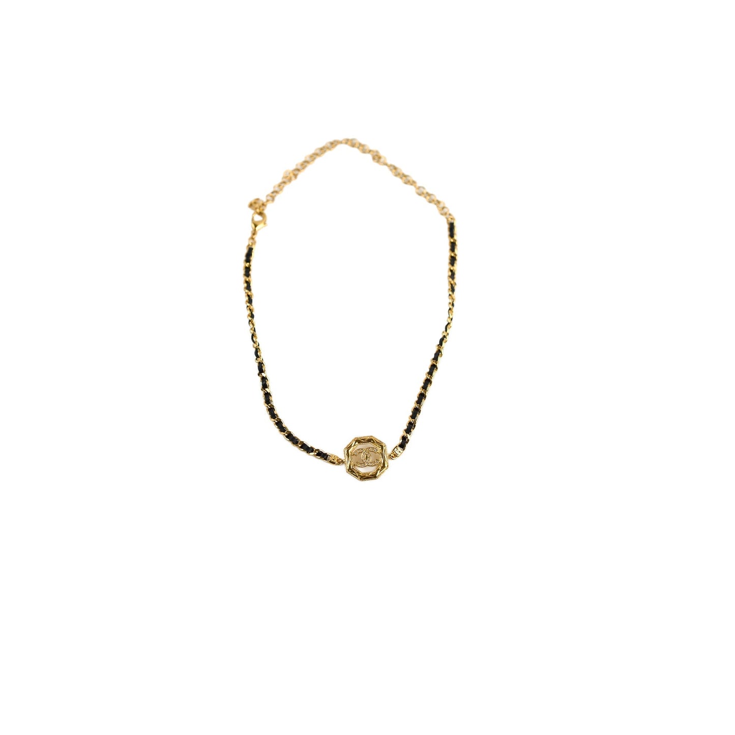 Chanel Gold & Black Leather Chain Choker Costume Jewellery