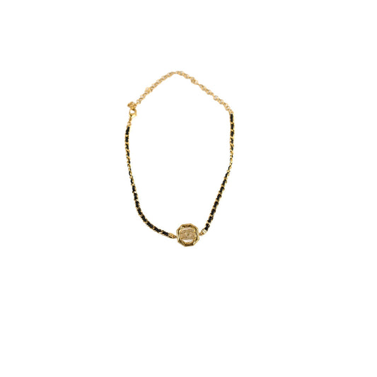 Chanel Gold & Black Leather Chain Choker Costume Jewellery
