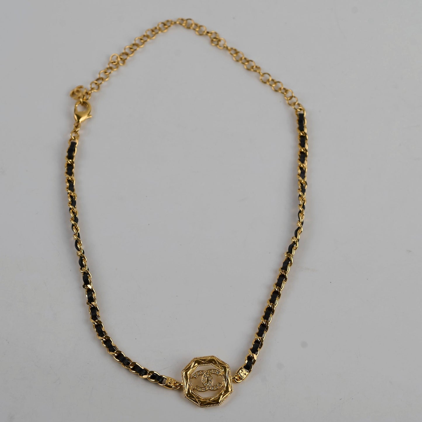 Chanel Gold & Black Leather Chain Choker Costume Jewellery