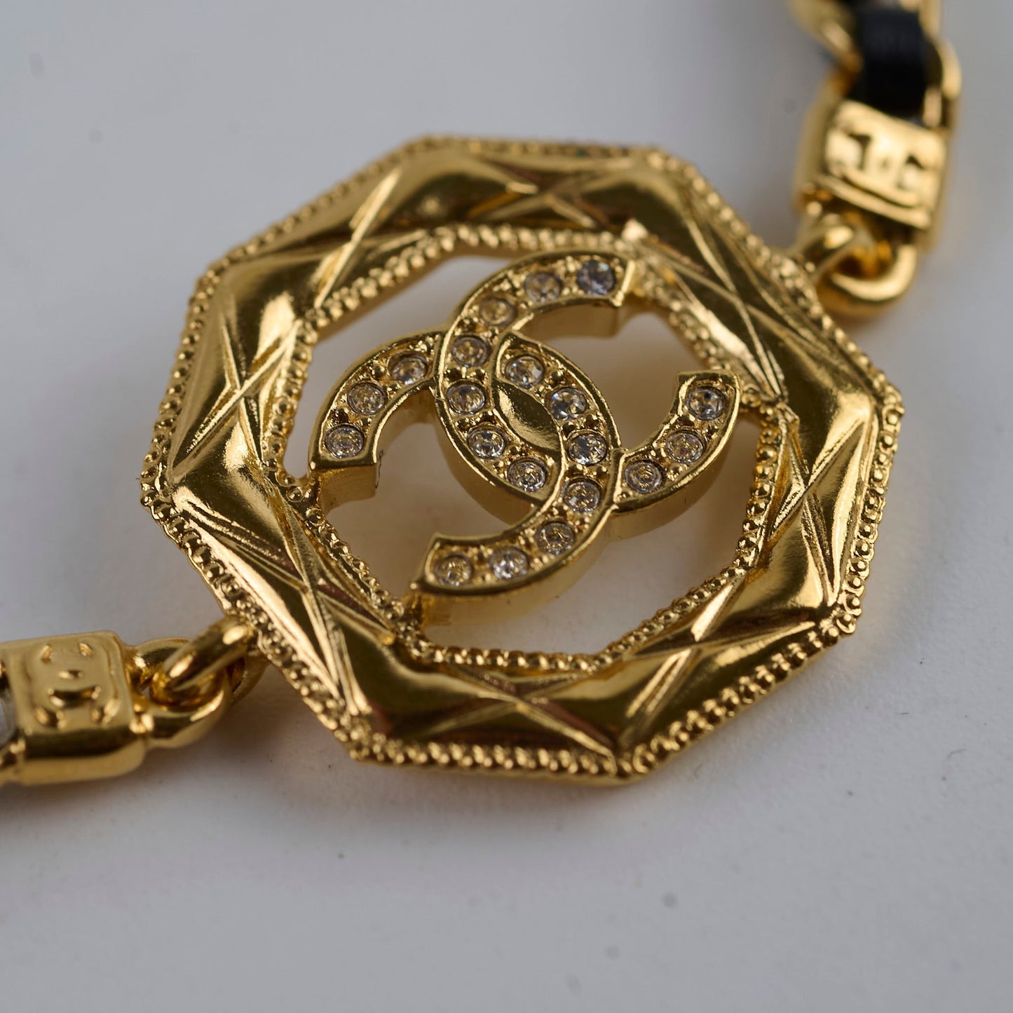 Chanel Gold & Black Leather Chain Choker Costume Jewellery