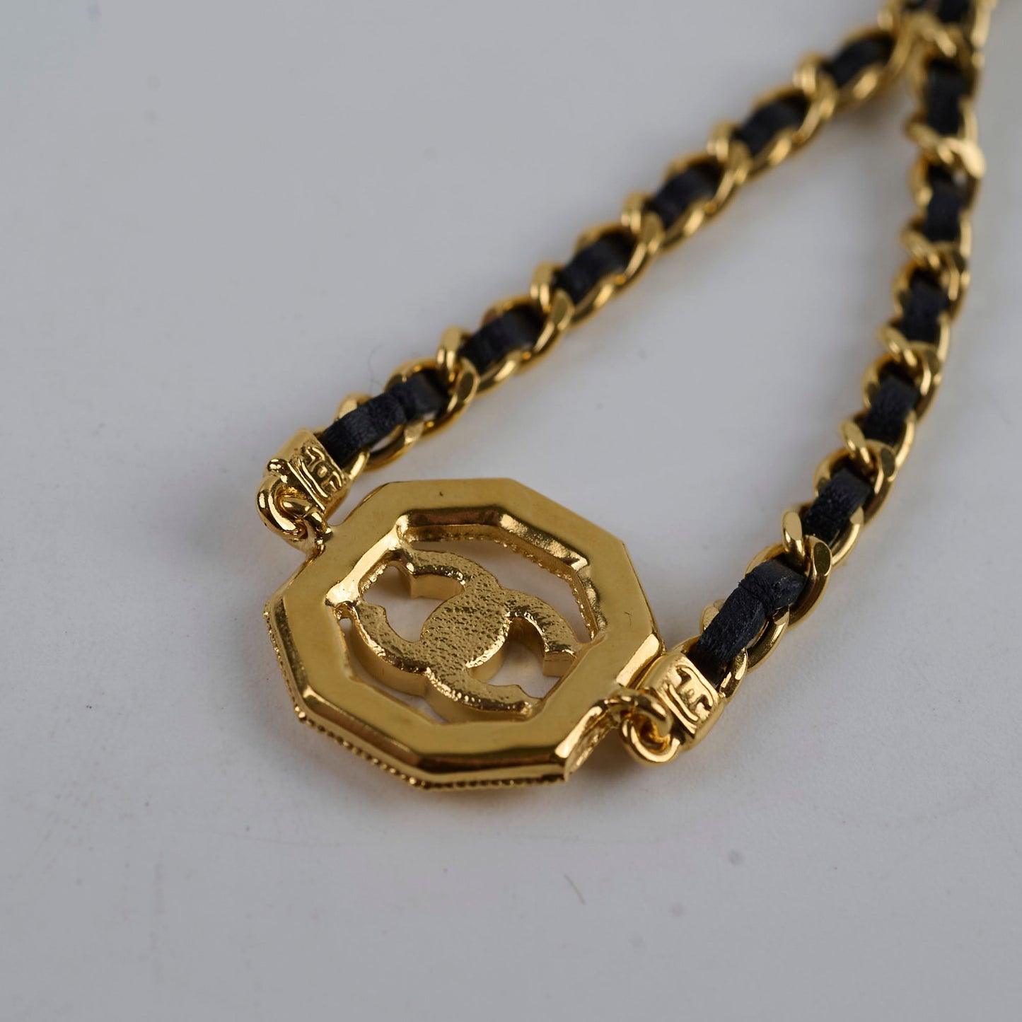 Chanel Gold & Black Leather Chain Choker Costume Jewellery