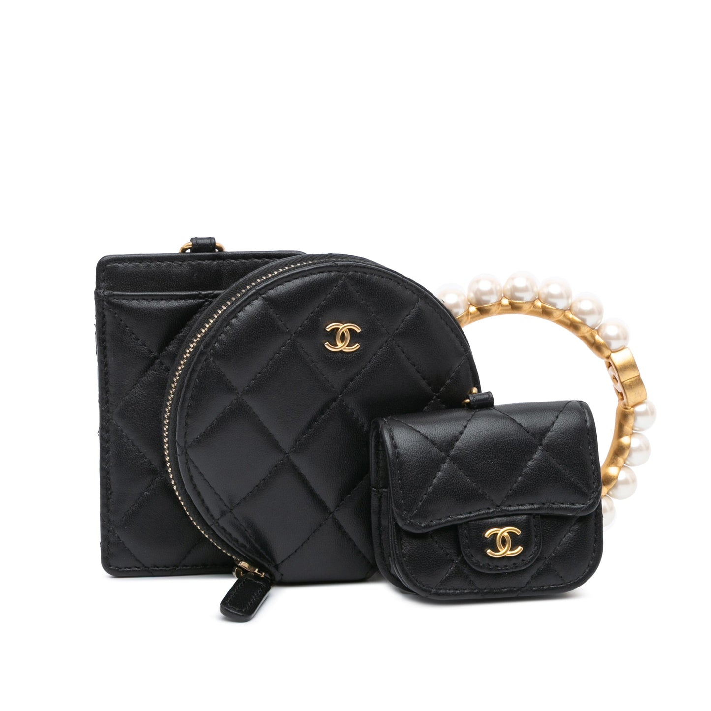 Black Chanel Lambskin Pearl Crown CC Wristlet Multi Pouches Clutch Bag