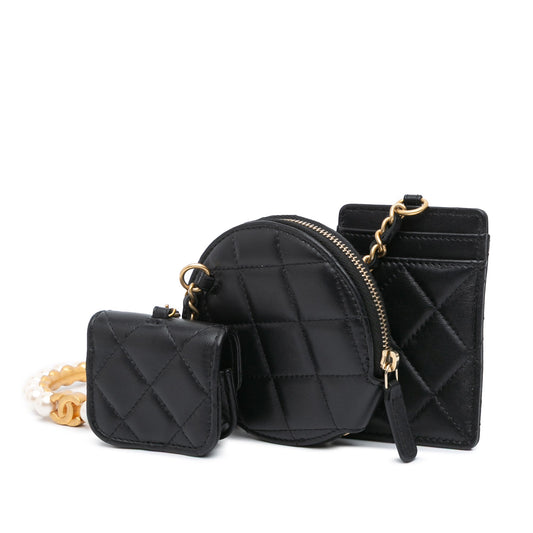 Black Chanel Lambskin Pearl Crown CC Wristlet Multi Pouches Clutch Bag