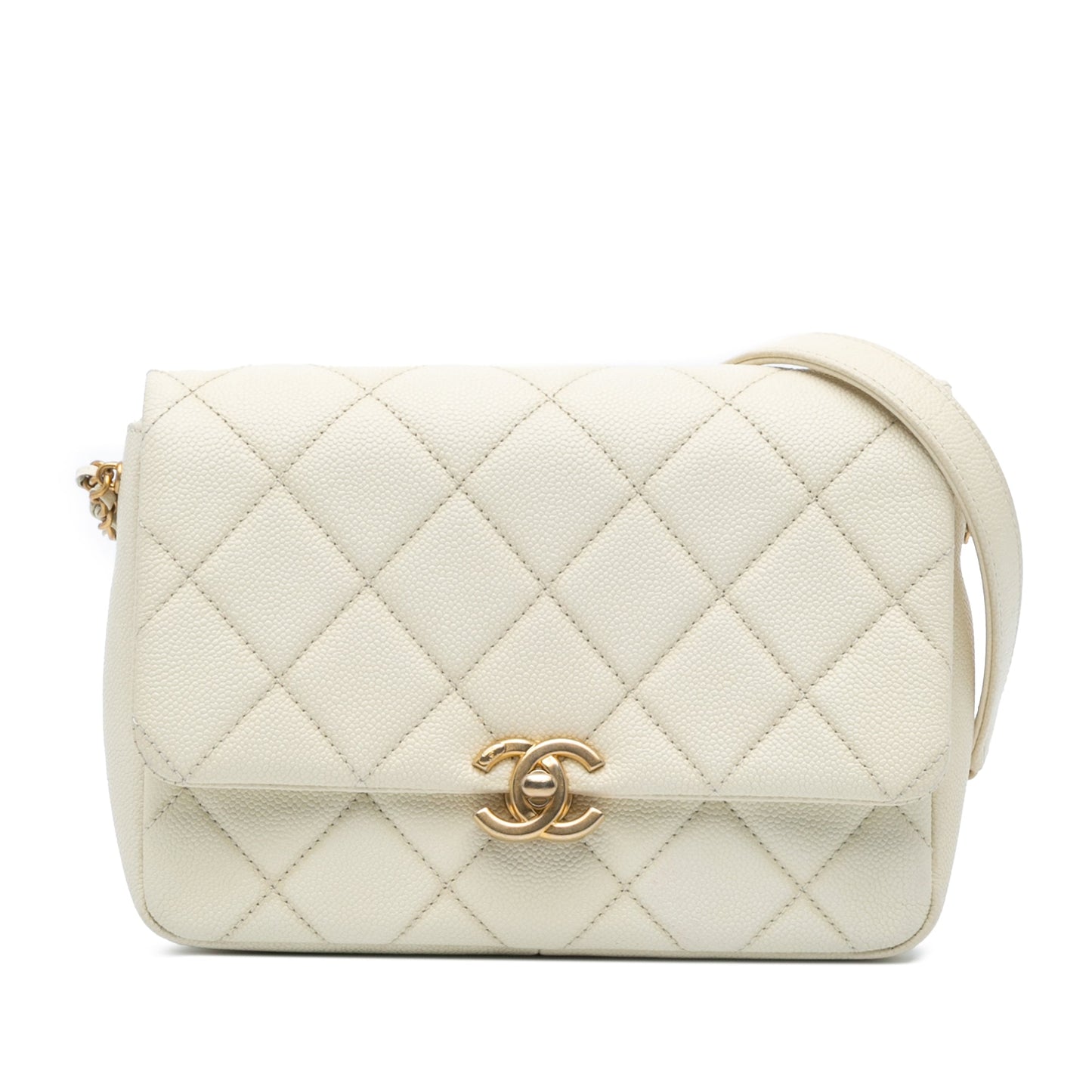 White Chanel Small Quilted Caviar Chain Melody Flap Crossbody Bag