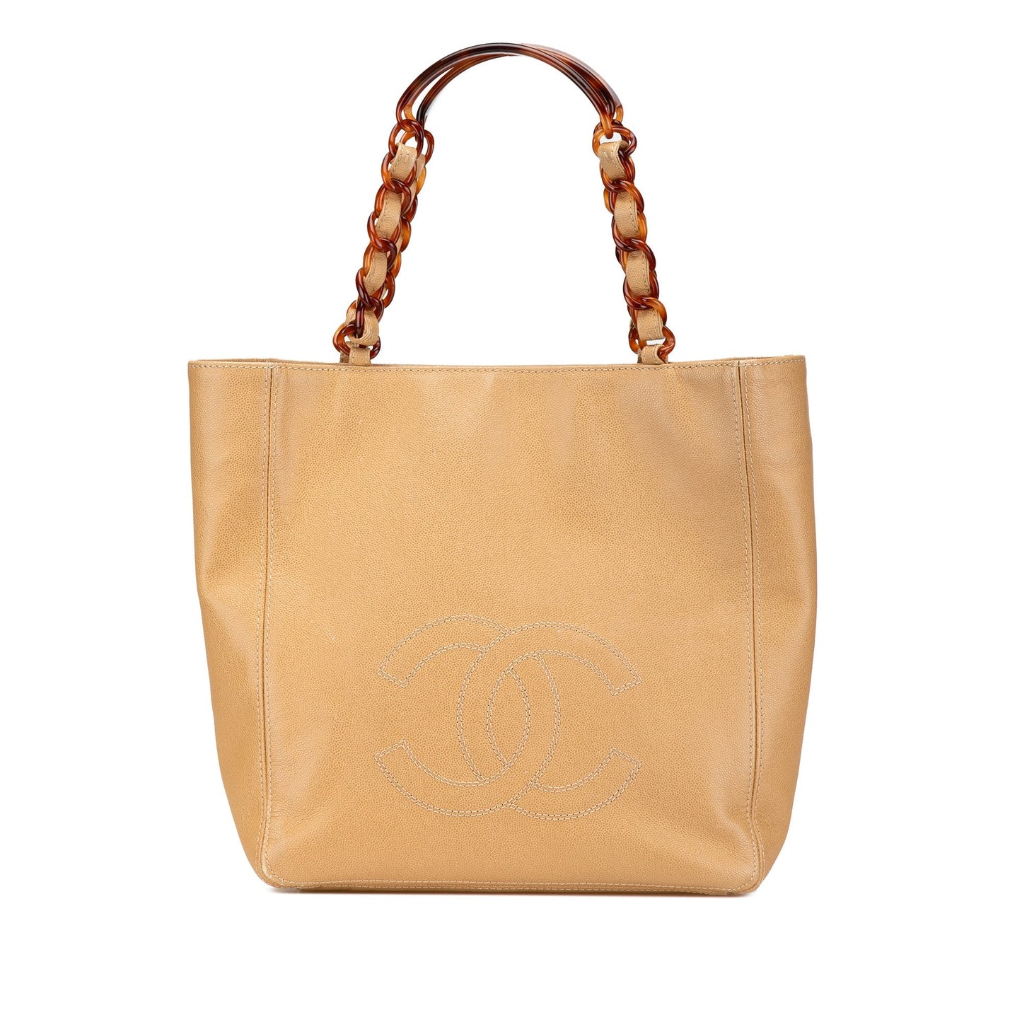 Tan Chanel CC Caviar Tortoise Chain Tote Bag