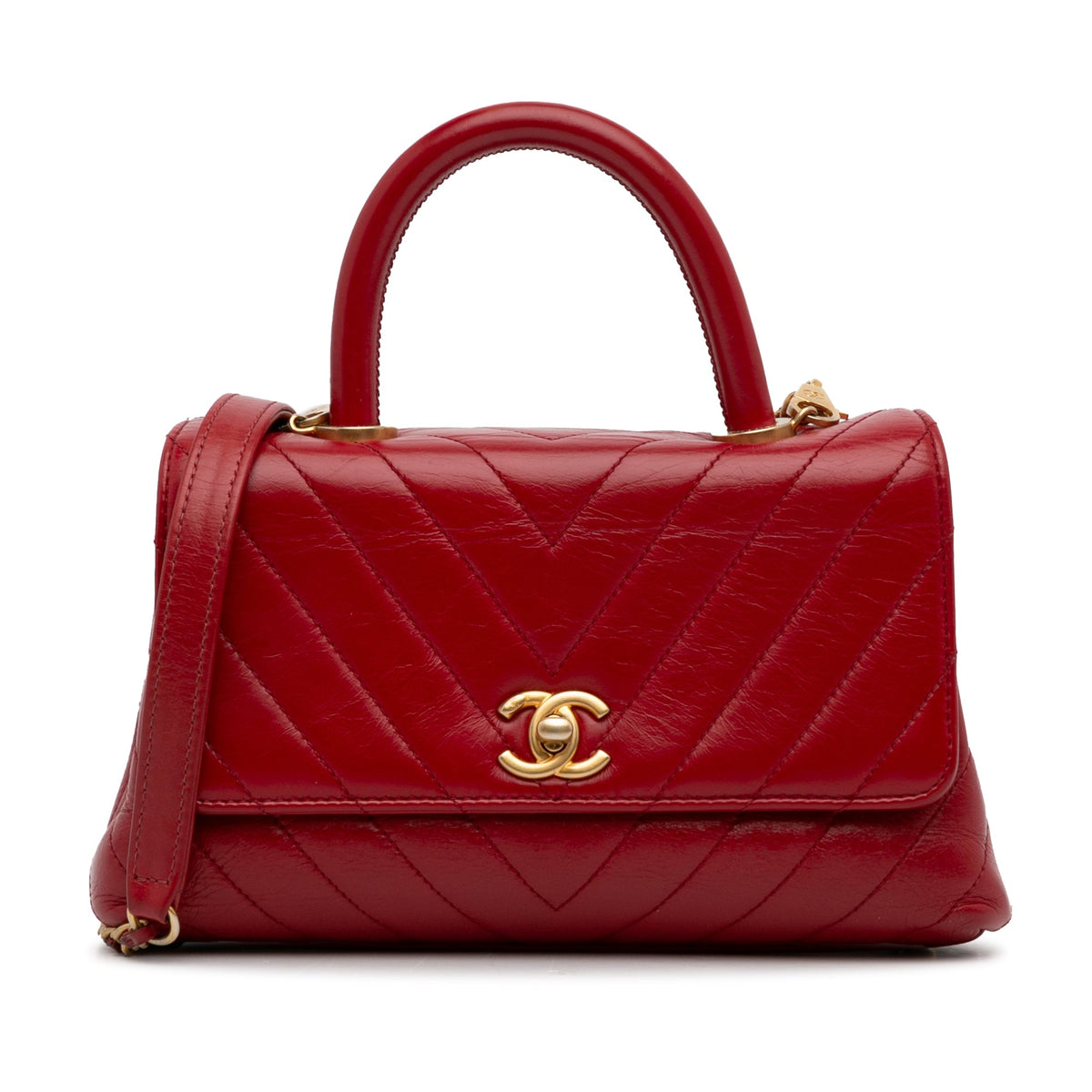 Red Chanel Small Lambskin Chevron Coco Top Handle Bag Satchel