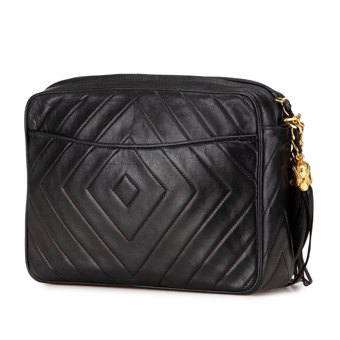 Black Chanel CC Chevron Quilted Lambskin Tassel Camera Case Crossbody Bag