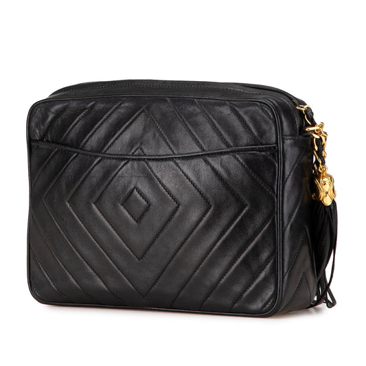 Black Chanel CC Chevron Quilted Lambskin Tassel Camera Case Crossbody Bag