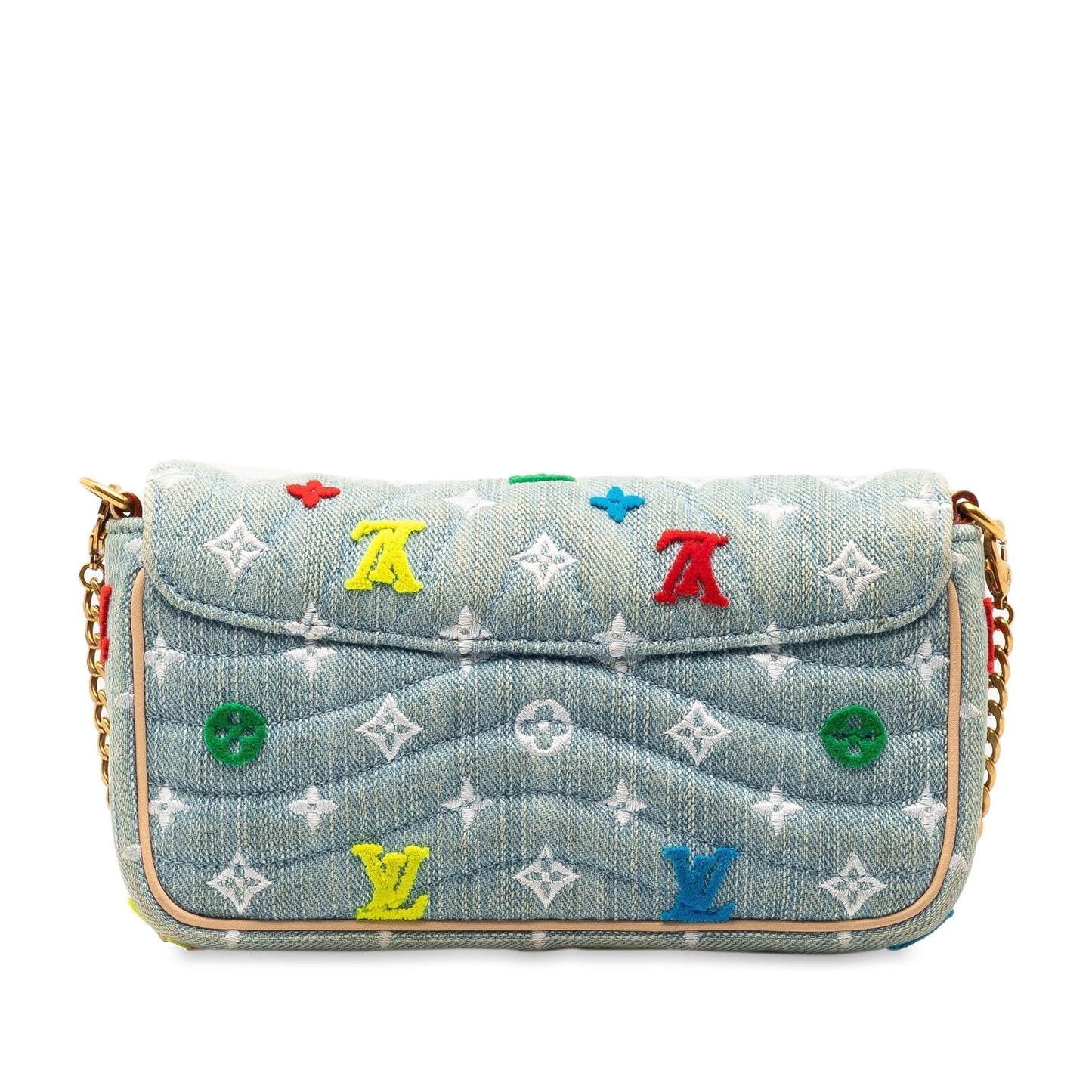 Blue Louis Vuitton Embroidered Monogram Denim New Wave Chain Pochette Crossbody Bag