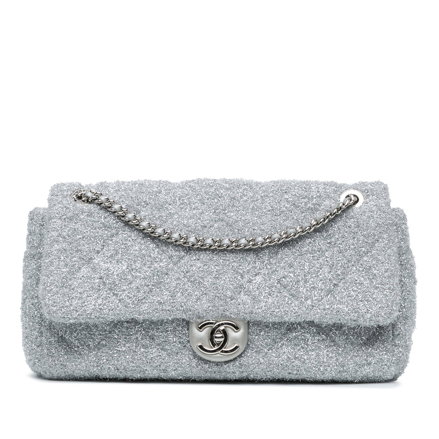 Silver Chanel Large Quilted Lurex Ground Control Pluto Glitter Flap Crossbody Bag