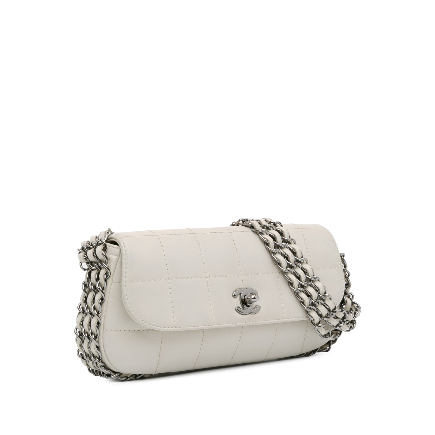 White Chanel Choco Bar Lambskin 3 Chain Single Flap Shoulder Bag