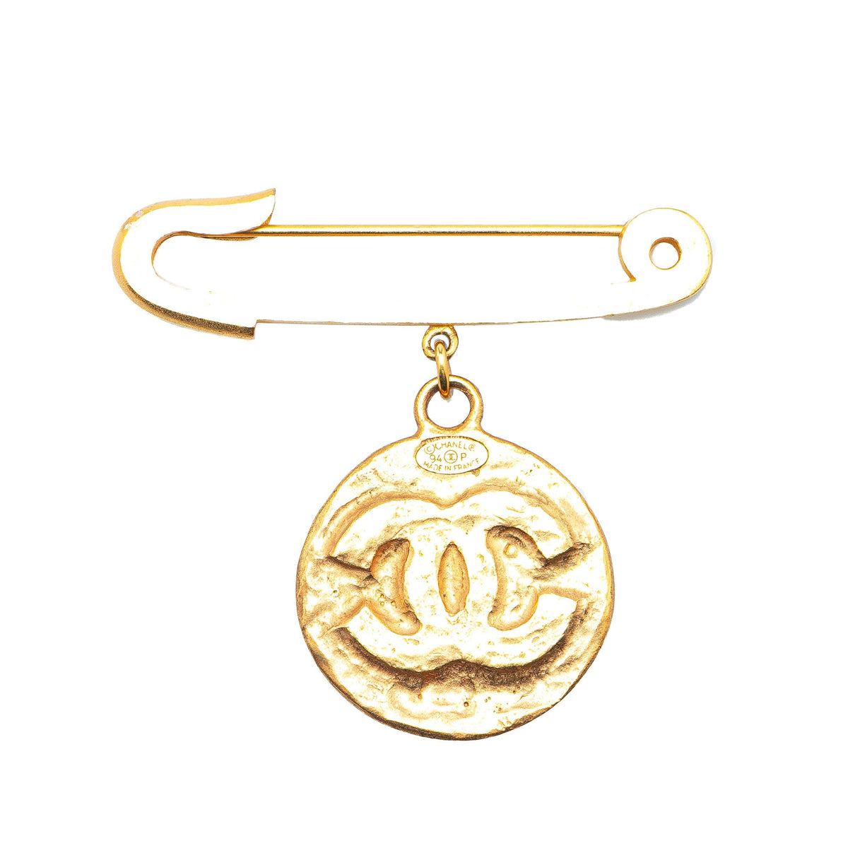 Gold Chanel Gold Plated CC Medallion Safety Pin Brooch