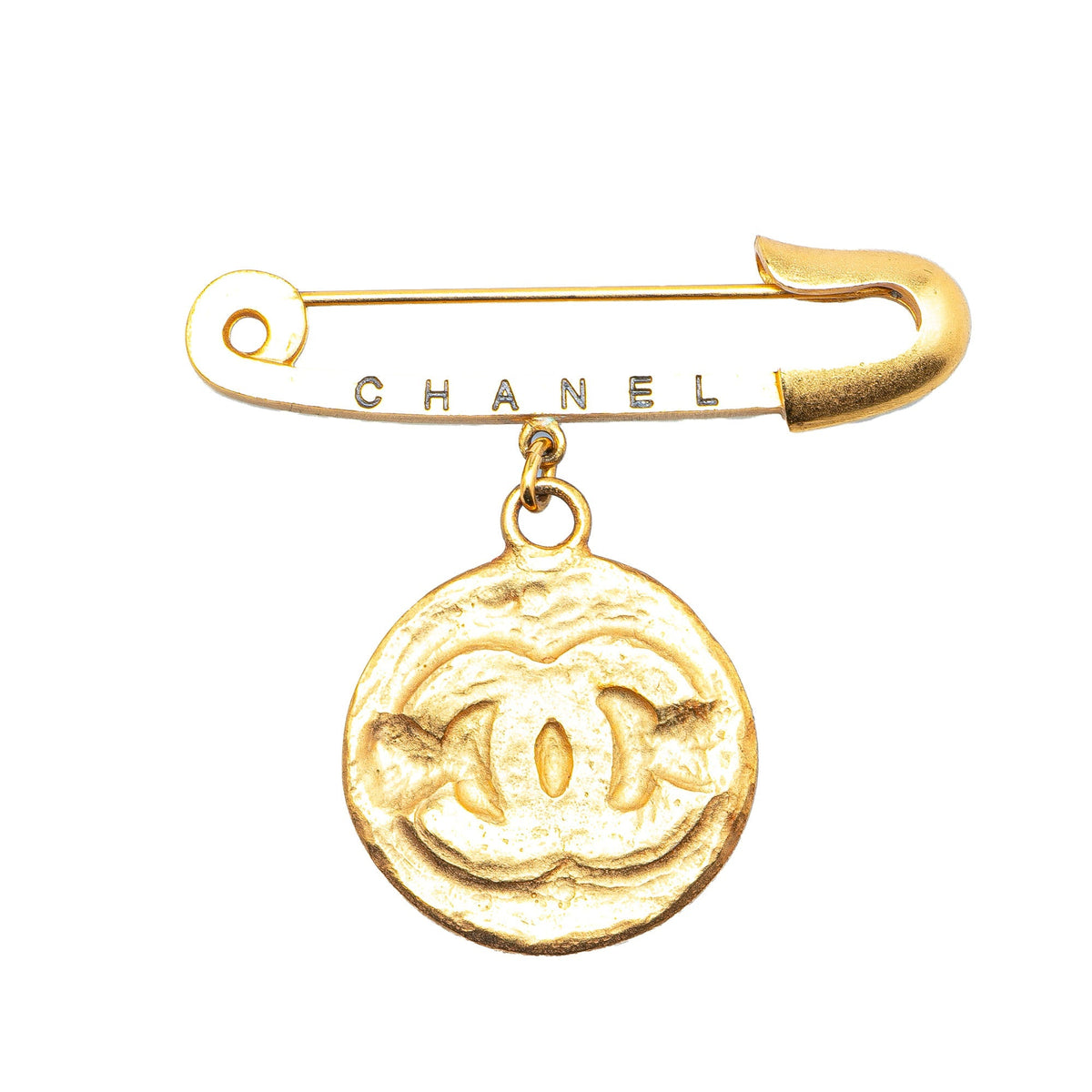 Gold Chanel Gold Plated CC Medallion Safety Pin Brooch