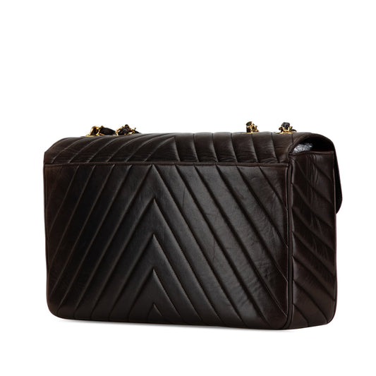Brown Chanel Maxi XL Chevron Lambskin Single Flap Shoulder Bag