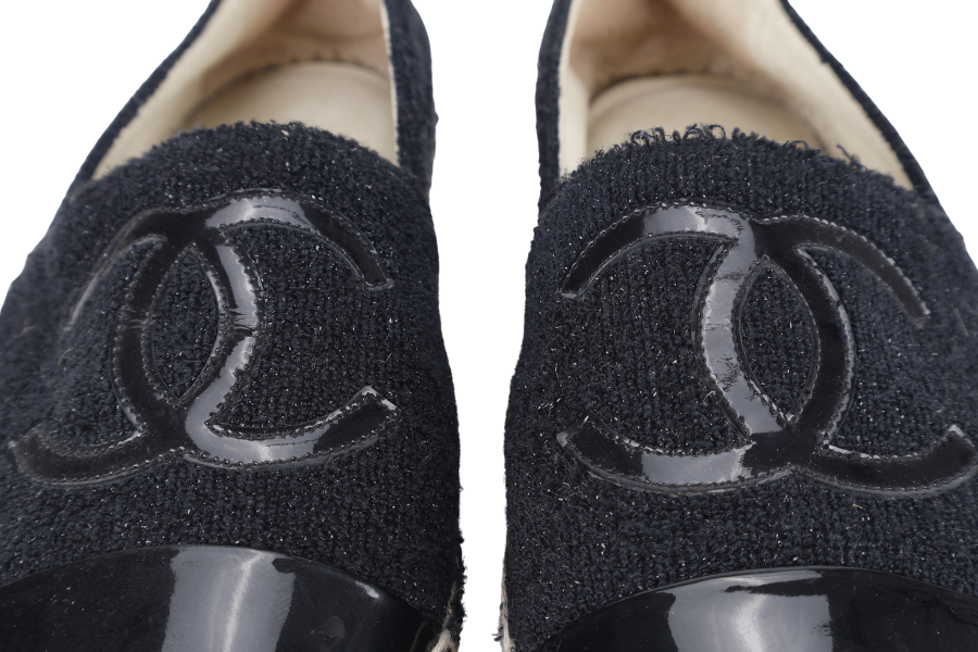CHANEL ESPADRILLES SHOES BLACK GLITTER TWEED SIZE 38 NO DUST COVER