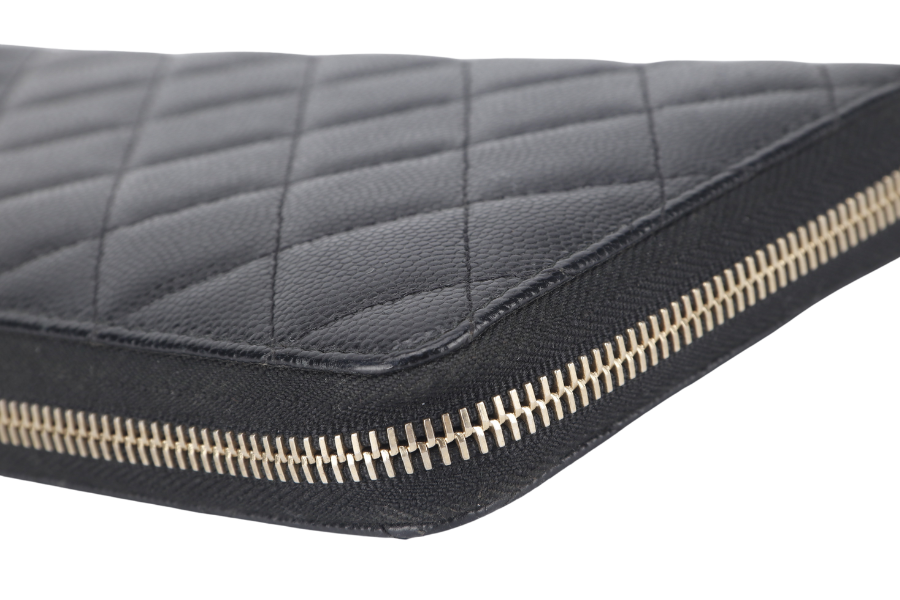 CHANEL ZIP AROUND WALLET (2450xxxx) BLACK CAVIAR LEATHER GOLD HARDWARE WITH  AND BOX