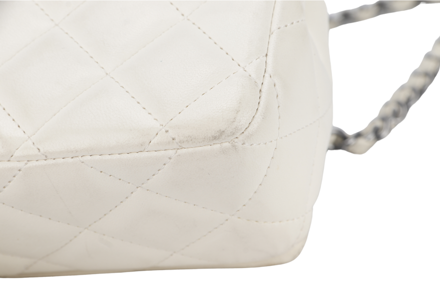 CHANEL QUILTING ENCHAINED FLAP BAG (1968xxxx) WHITE LAMBSKIN LEATHER SILVER HARDWARE WITH , DUST COVER AND BOX