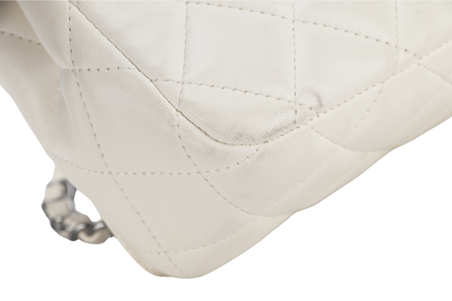 CHANEL QUILTING ENCHAINED FLAP BAG (1968xxxx) WHITE LAMBSKIN LEATHER SILVER HARDWARE WITH , DUST COVER AND BOX